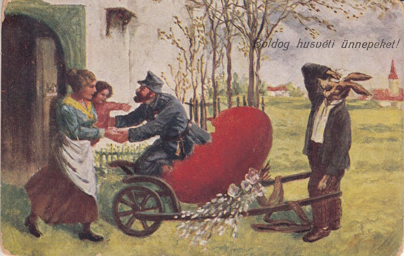 Easter greetings postcard Hungary ww1 humanized rabbit military father surprise