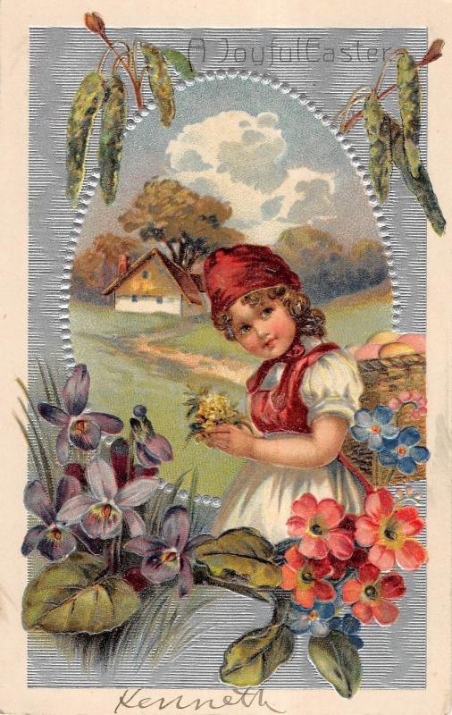 Easter Greeting Little Girl Picking Flowers Antique PFB Postcard V19883