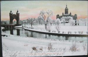 Capitol and Arch Winter Scene Hartford CT 1906 Lithochrome 10685