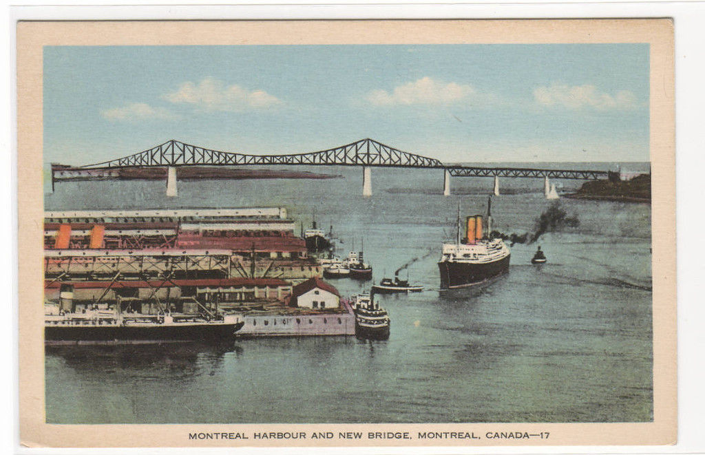 Montreal Harbour Ships Bridge Quebec Canada 1950s postcard Canada