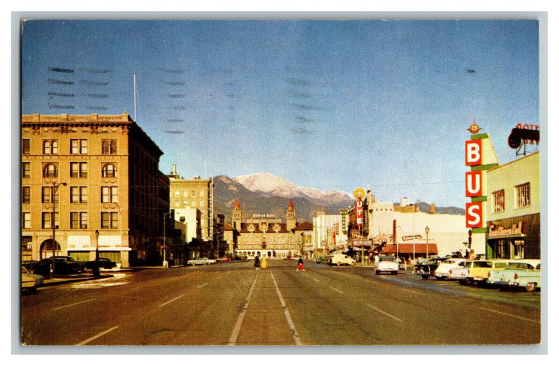 Pikes Peak Avenue Looking West Vintage Standard View Postcard Old Cars Signs 