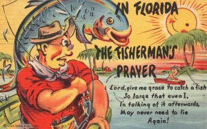 Vintage Postcard 1948 The Fisherman's  Prayer Catching Big Fish In Florida Comic