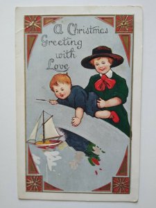 Vintage Christmas Postcard Children Sailing Boat Ship Whitney Embossed 1914