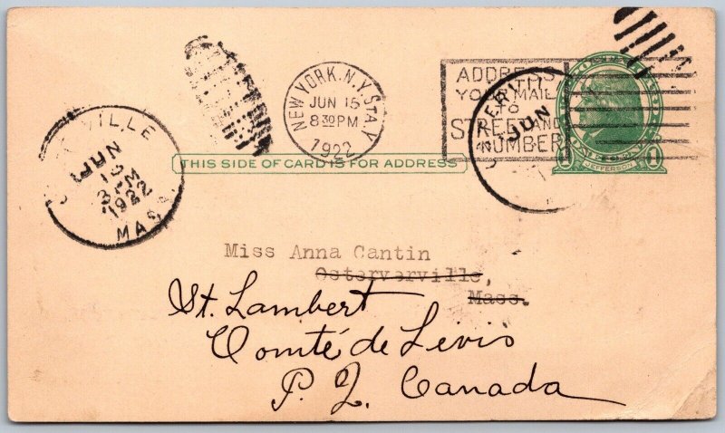 Postal Stationery Osterville Massachusetts c1922 Holy Communion Invite to Quebec