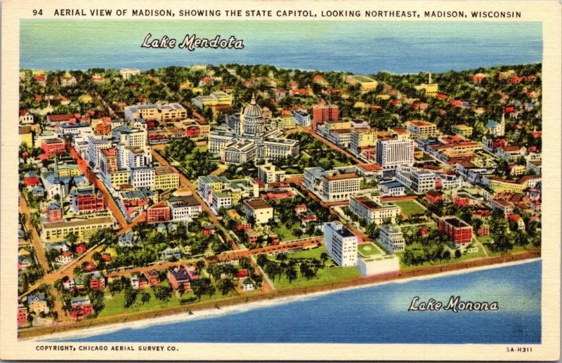 Wisconsin Madison Aerial View Looking Northeast Showing State Capitol Curteich