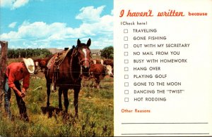 Humour Busy Persons Correspondence Card With Cowboy Fixing Fence