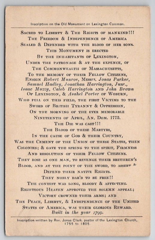 Inscription On The Old Monument On Lexington Common Massachusetts Postcard Y28