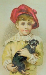 1880's A. H Fuchs Millinery Adorable Child Holding Puppy Dog P71