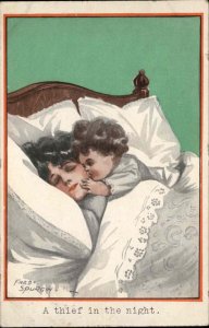A/S Fred Spurgin Little Girl Sneaks Into Mom's Bed at Night c1910 Postcard