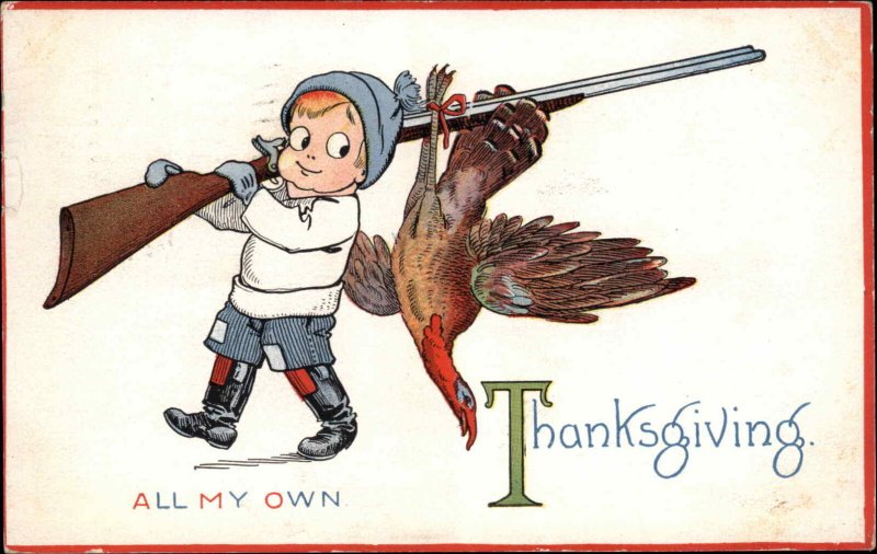 Thanksgiving Little Boy with Dead Turkey on Gun Hunting c1910 Vintage Postcard