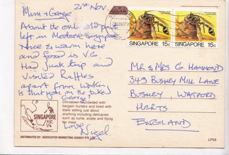 Chinatown by Day, Singapore, 1987 used Postcard