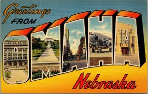 Vtg Omaha Nebraska NE Large Letter Greeting from 1940s Unused Linen Postcard