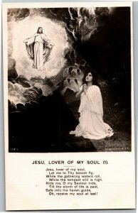 RPPC Jesu Lover of My Soul 1 Woman Praying to Jesus Poem Bamforth Postcard E30