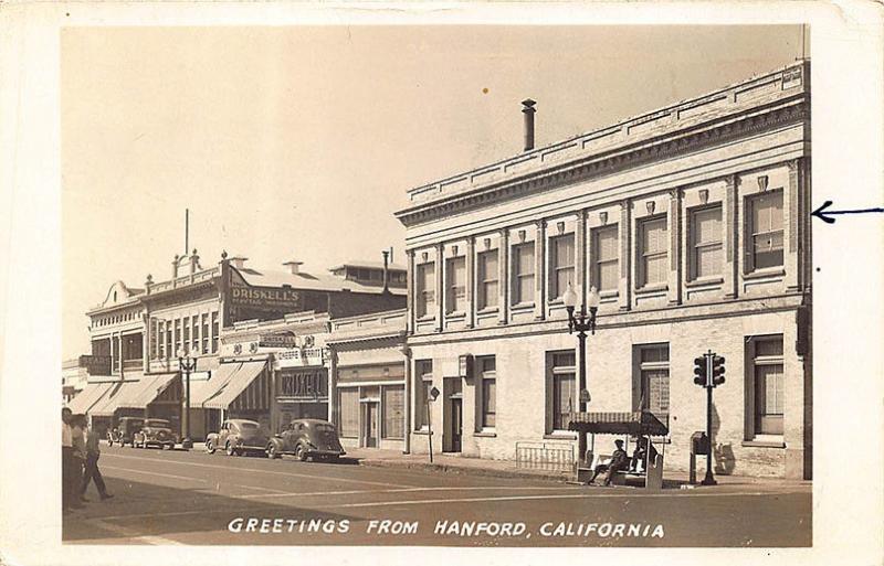 Hanford CA Street View Storefronts Driskell's Appliances Old Cars RPPC Postcard