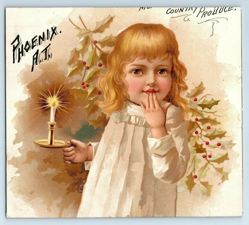 1880s Christmas Scrap Phoenix Arizona Territory Adorable Girl Candle Holly #5B