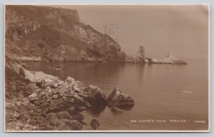 Postcard Torquay Devon Anstey's Cove Cliff Rocks Boat 1926 RPPC View