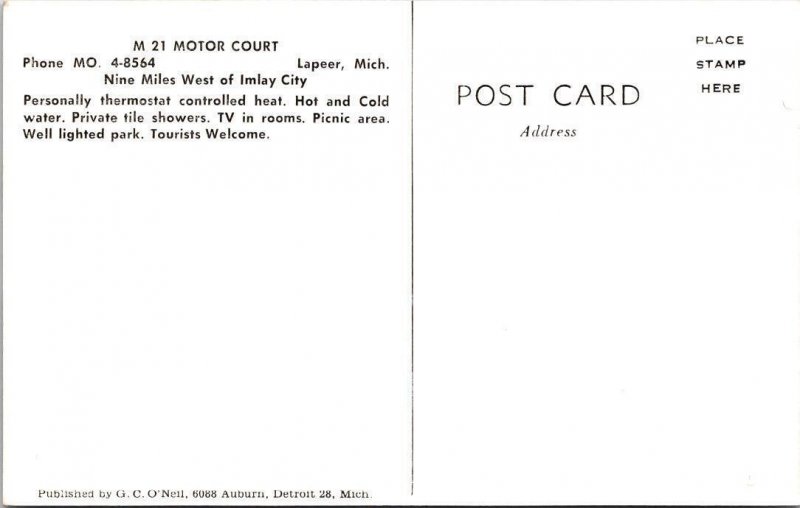 Lapeer, MI Michigan  M 21 MOTOR COURT  Roadside Motel~Cabins  ca1950's Postcard