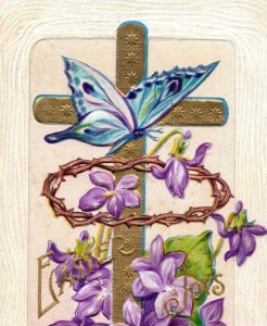 Circa 1910 Butterfly Violets Crown Of Thorns Easter Gilt Embossed Postcard P108E