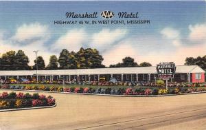 Marshall Motel US 45 West Point MS Mississippi 1950s postcard