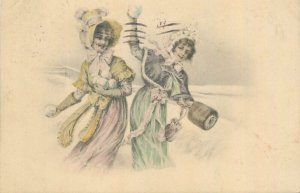 Lovely drawn ladies snowball fight New Year greetings fantasy postcard 1918