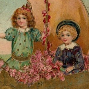 C. 1910 Lovely Kids in Flower Boat Happy Birthday Postcard F93