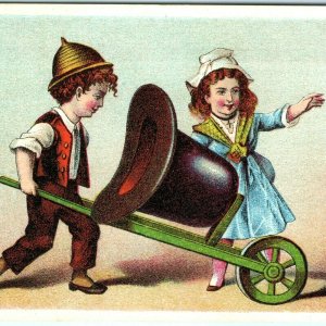 c1880s Little Boy & Girl Haul Exaggerated Giant Derby Hat Vivid Trade Card C30