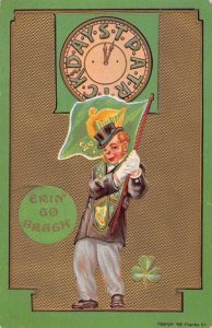 J79/ St Patrick's Day Holiday Postcard c1910 Man Flag Clock 52