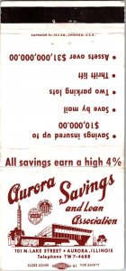 Vintage Matchbook Cover Aurora Savings & Loans Aurora, Illinois MB174