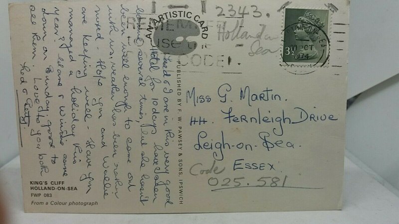 Vintage Postcard kings Cliff Hotel Holland on Sea Essex posted 1974