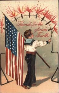 PFB Embossed Patriotic Series #8252 Boy w/ Ameriucan Flag & Fireworks