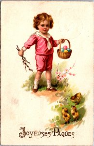 Girl With Easter Eggs Basket And Chicks Happy Easter Vintage Postcard C187