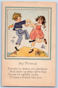 Children Postcard Dancing My Friend Flowers Birds c1910's Unposted Antique