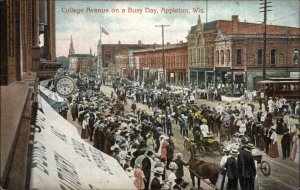 Appleton WI College Avenue Busy Scene c1910 Postcard 