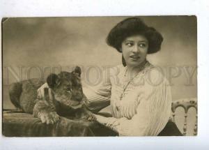 202546 CIRCUS Girl Trainer Young LION Vintage PHOTO postcard