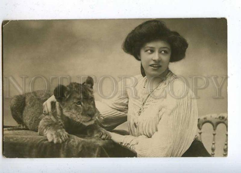 202546 CIRCUS Girl Trainer Young LION Vintage PHOTO postcard