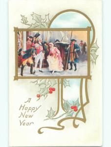 Pre-Linen new year MEN GREET ARRIVING WOMAN IN COLONIAL ERA CLOTHES k5381
