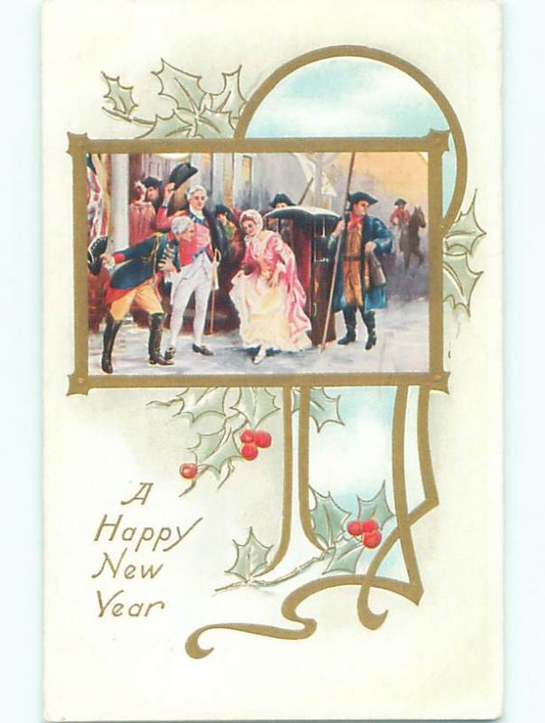 Pre-Linen new year MEN GREET ARRIVING WOMAN IN COLONIAL ERA CLOTHES k5381