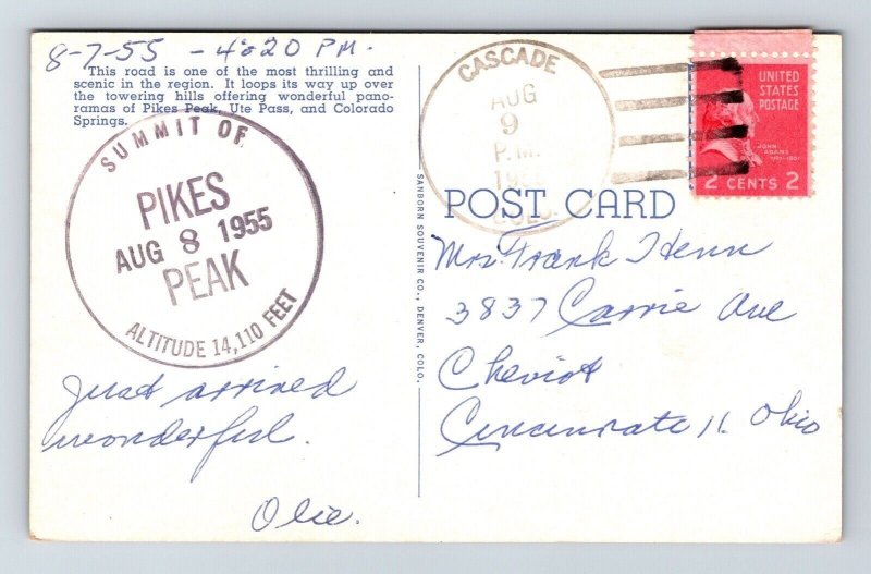 Pikes Peak From Rampart Range Rd Region Colorado CO Postcard PM Cancel WOB Note 