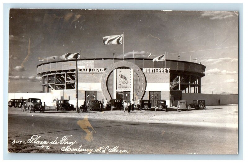 Plaza De Foros Bullfighting Stadium Cars Monterrey Mexico RPPC Photo Postcard 