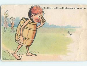 Bent Corner c1910 comic CLOTHES MAKE THE MAN - MAN WEARING BARREL HL2575