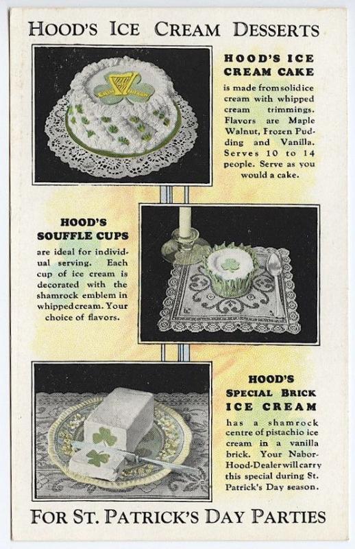 Hood's Ice Cream Desserts St Patrick's Day Rare Linen Postcard