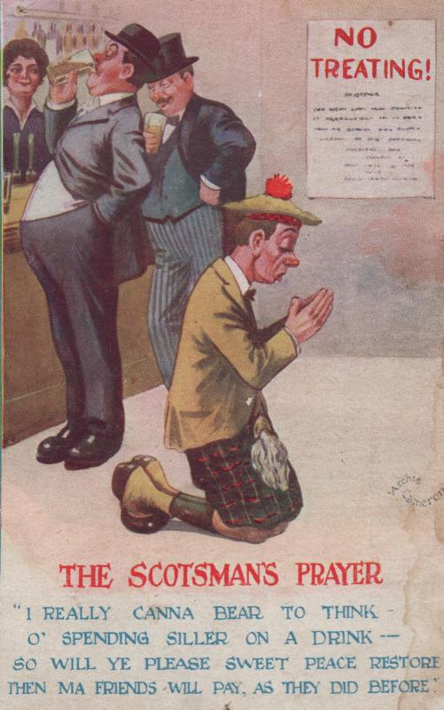 Scotsmans Prayer Scottish Silver Coin No Treating Sign Antique Comic Postcard