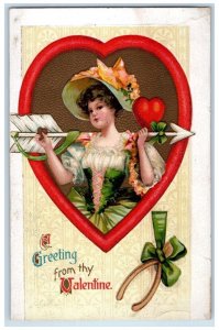 1914 Valentine Greetings Pretty Girl Big Heart Arrow Wishbone Aurora IL Postcard