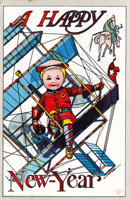 Antique Postcard, Boy in Airplane, Father Time, Happy New Year C Bunnell  B22