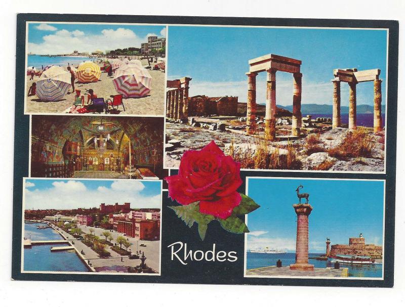 Greece Rhodes Multiview Beach Ruins Harbor Port View Vtg 4X6 Postcard