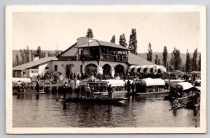 Xochimilco Mexico Canal Tour Boats at Dock Tourists RPPC Real Photo Postcard U28