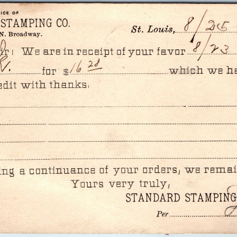 1904 St Louis, MO Standard Stamping Order Receipt Postcard Aluminum Industry A74