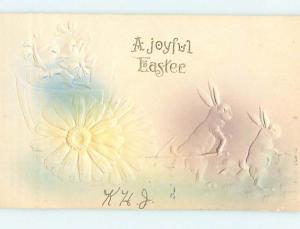 Pre-1907 art nouveau easter EMBOSSED BUNNY RABBITS PULLED CHICKS IN CART hr1624