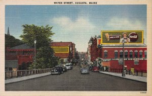 Water Street, Augusta, Maine, Early Linen Postcard showing a Coca Cola Sign