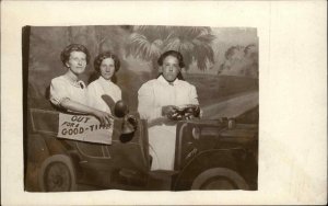 Women in Studio Car Prop OUT FOR A GOOD TIME c1910 Real Photo Postcard